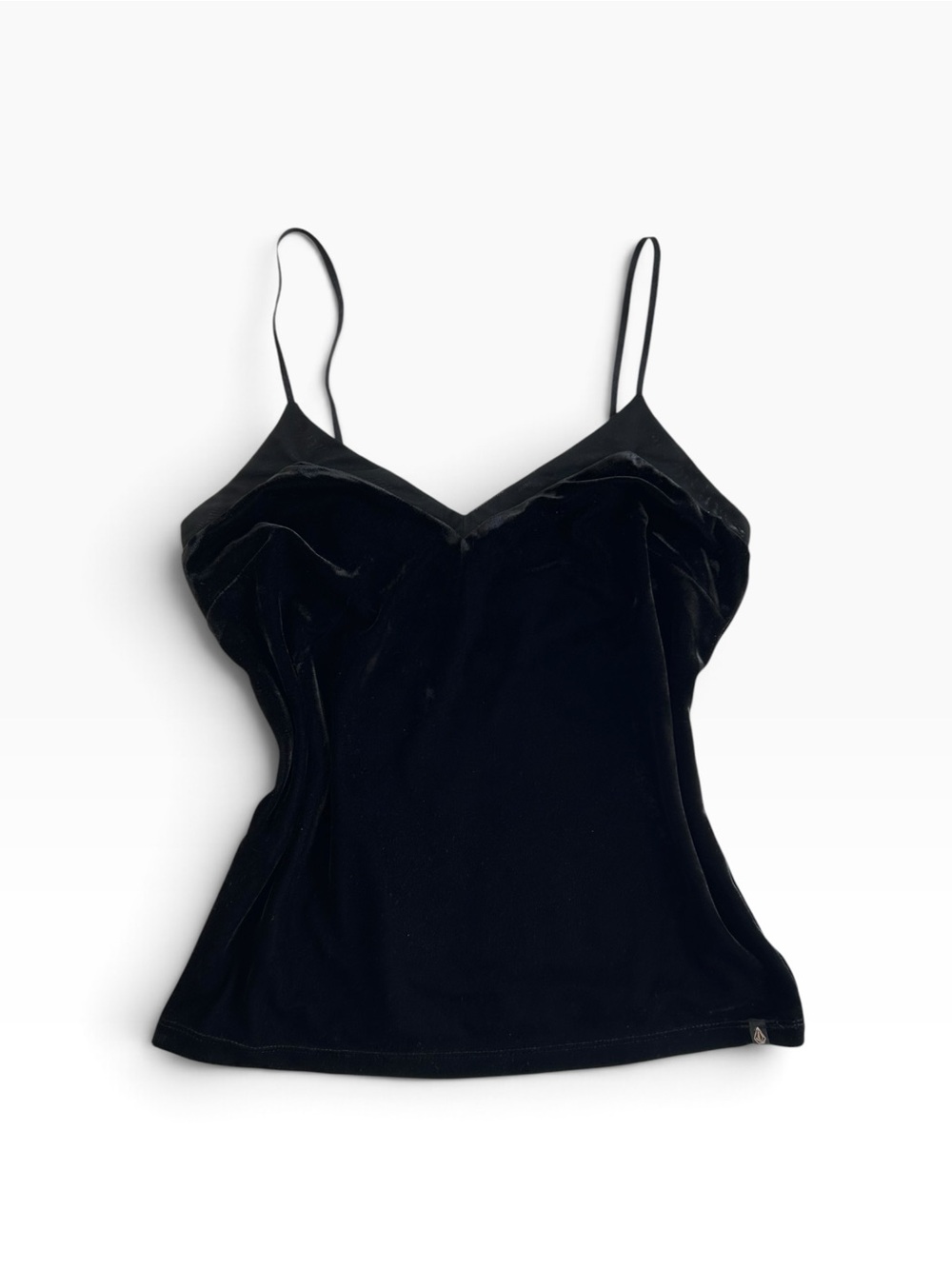 90s Vintage Black Velvet V-Neck Camisole with Spaghetti Straps and Mesh Neckline